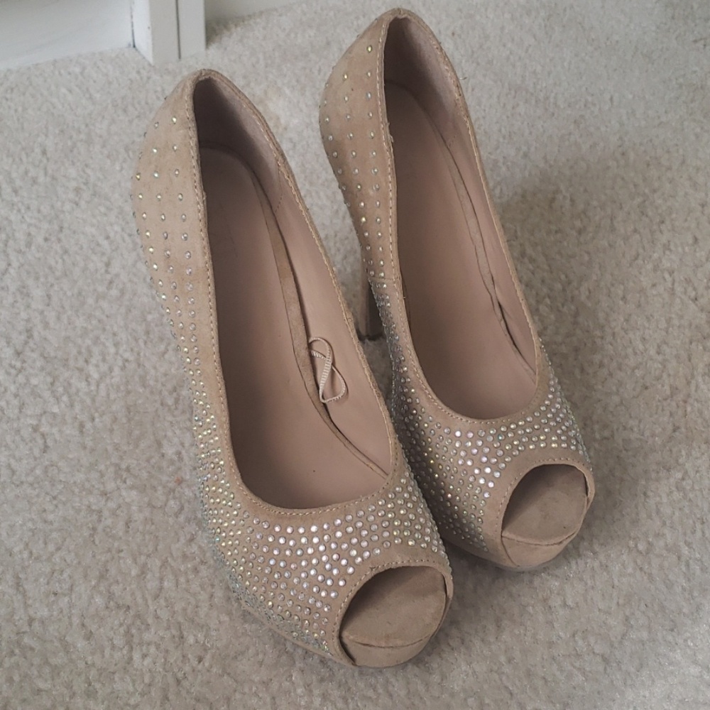 Tan  nude rhinestone open toe pump heel